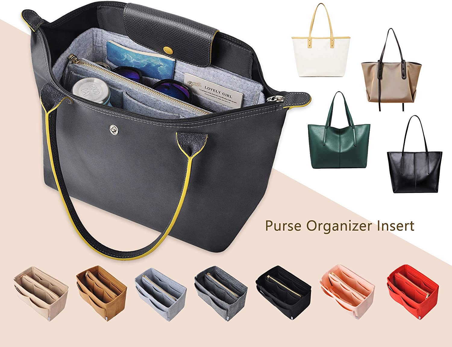 Vercord Felt Organizer Insert for Purse Handbag Tote Bag in Bag Inside Shaper Divider Neo Beige Small