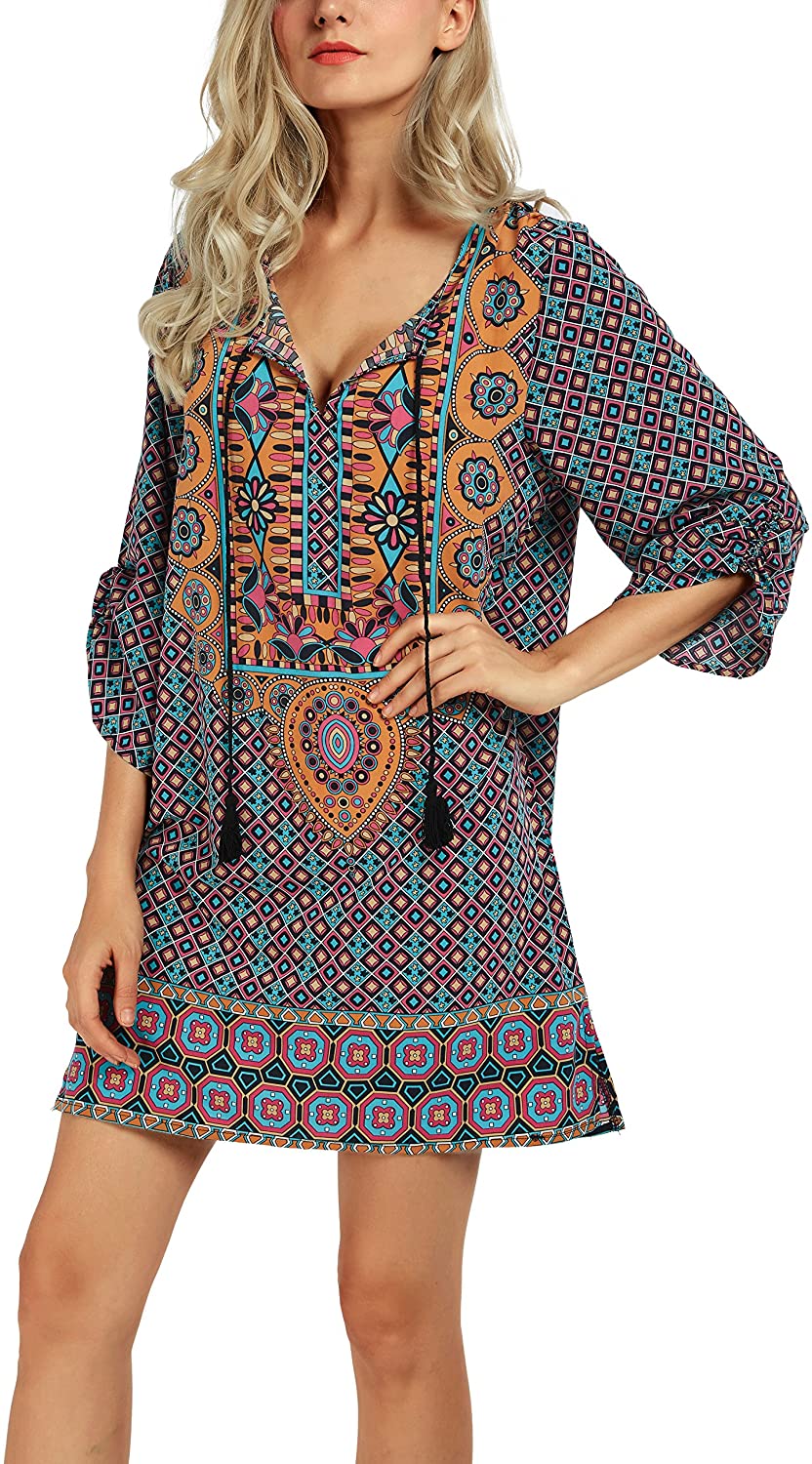 Women Bohemian Neck Tie Vintage Printed Ethnic Style Summer Shift Dress