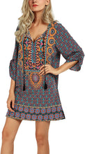 
                        
                          Load image into Gallery viewer, Women Bohemian Neck Tie Vintage Printed Ethnic Style Summer Shift Dress
                        
                      