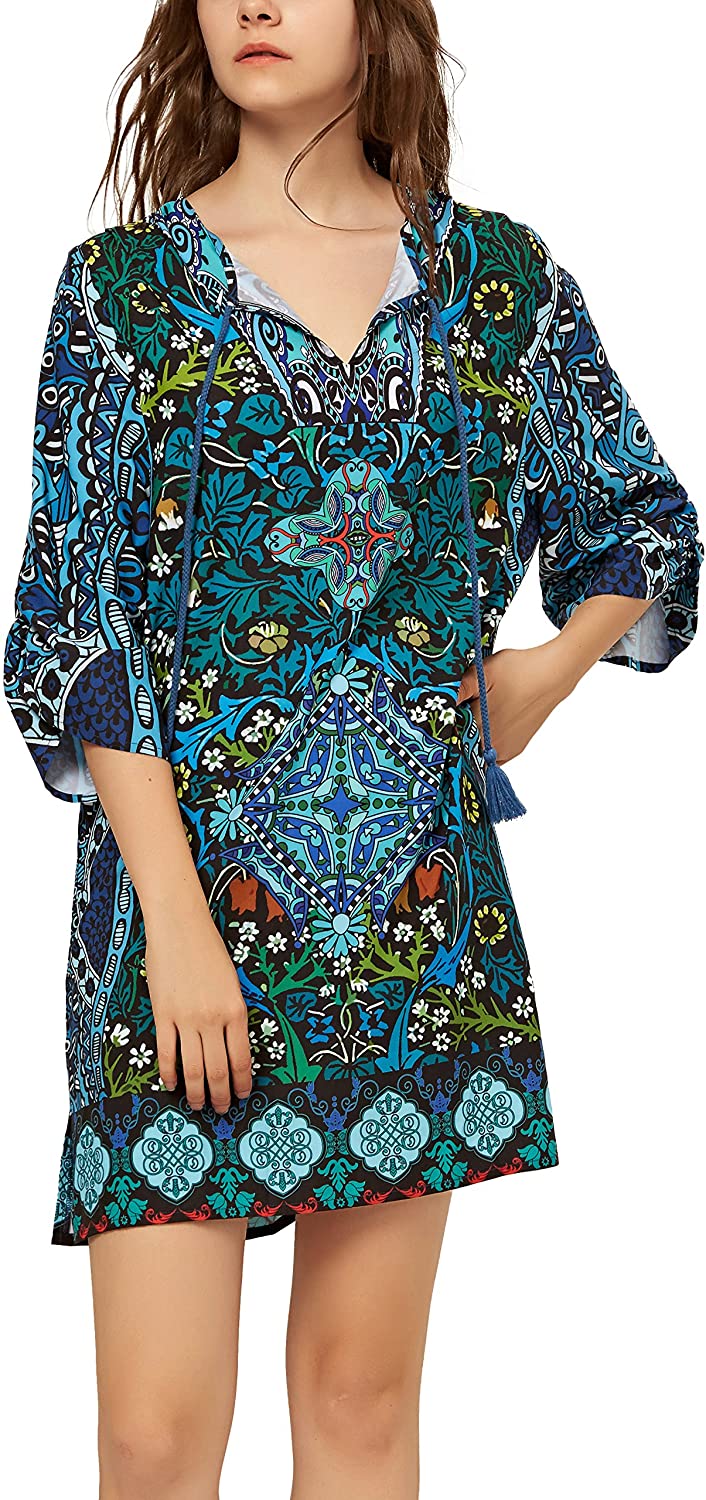 Women Bohemian Neck Tie Vintage Printed Ethnic Style Summer Shift Dress