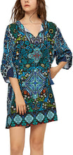
                        
                          Load image into Gallery viewer, Women Bohemian Neck Tie Vintage Printed Ethnic Style Summer Shift Dress
                        
                      