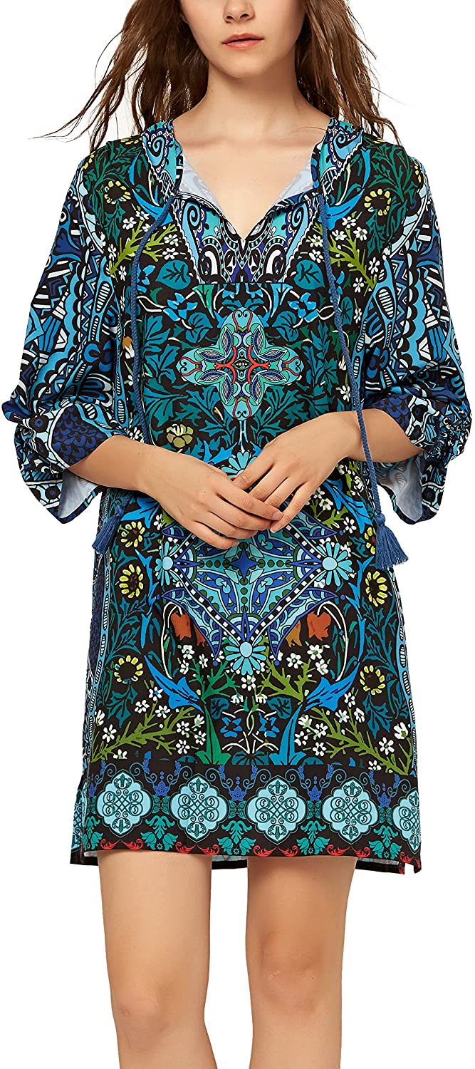 Women Bohemian Neck Tie Vintage Printed Ethnic Style Summer Shift Dress