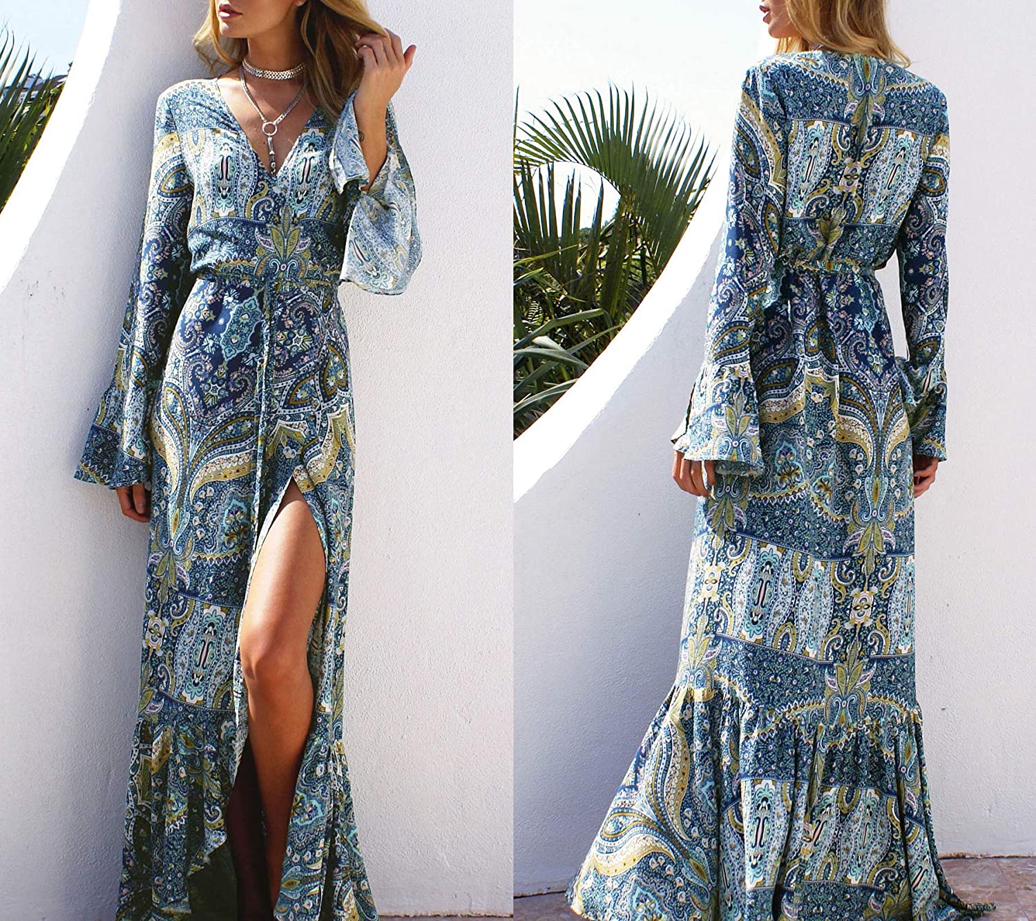 R.Vivimos Womens Summer Long Sleeve Cardigan Sexy Maxi Dresses