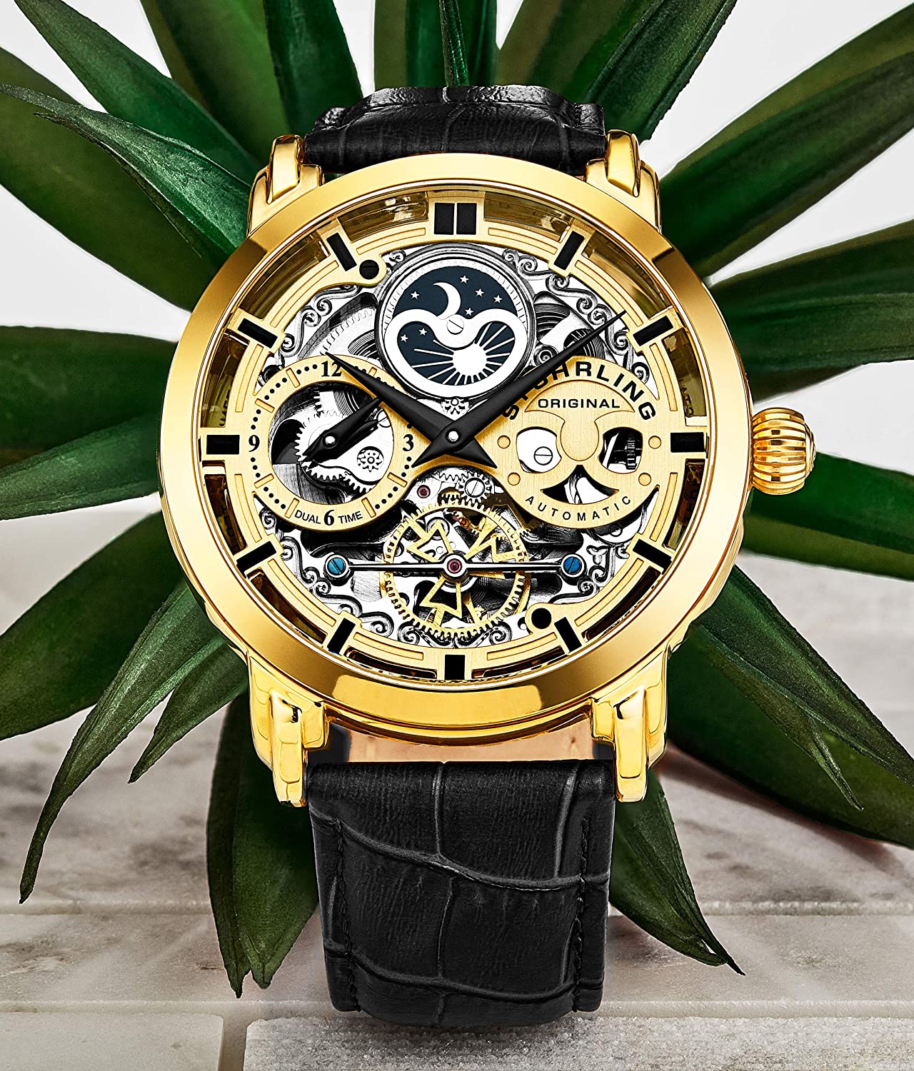 Stührling Original Mens Watch Stainless Steel Automatic, Skeleton Dial, Dual Time, AM/PM Sun Moon,Genuine Leather Strap 371 Watches for Men Series