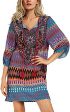 
                        
                          Load image into Gallery viewer, Women Bohemian Neck Tie Vintage Printed Ethnic Style Summer Shift Dress
                        
                      