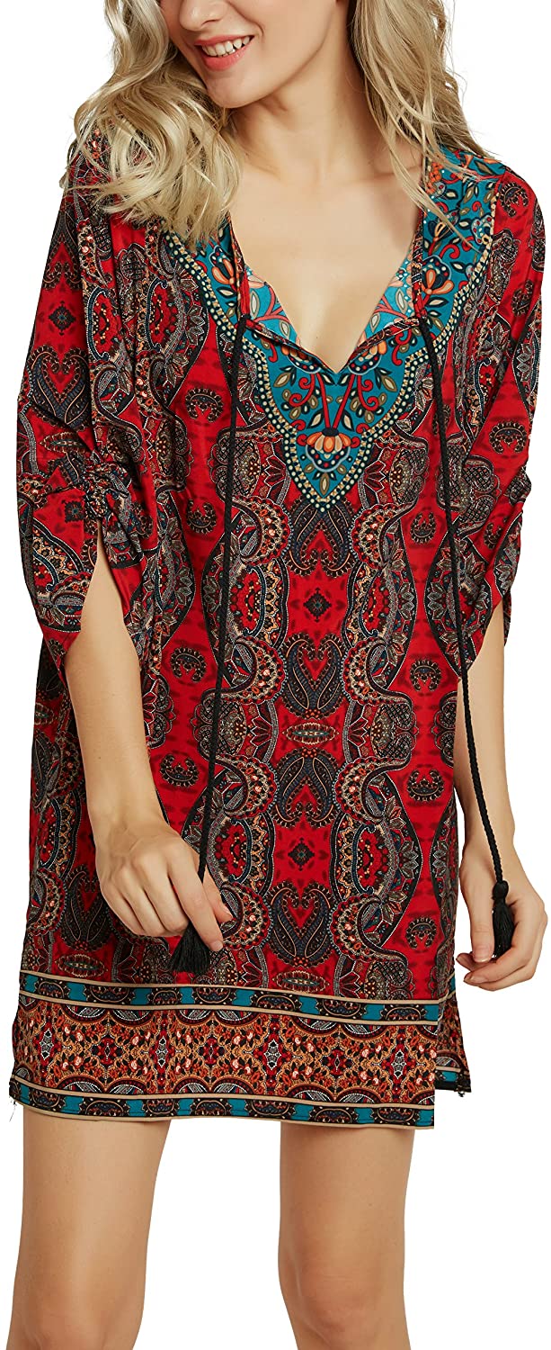 Women Bohemian Neck Tie Vintage Printed Ethnic Style Summer Shift Dress
