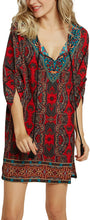 
                        
                          Load image into Gallery viewer, Women Bohemian Neck Tie Vintage Printed Ethnic Style Summer Shift Dress
                        
                      