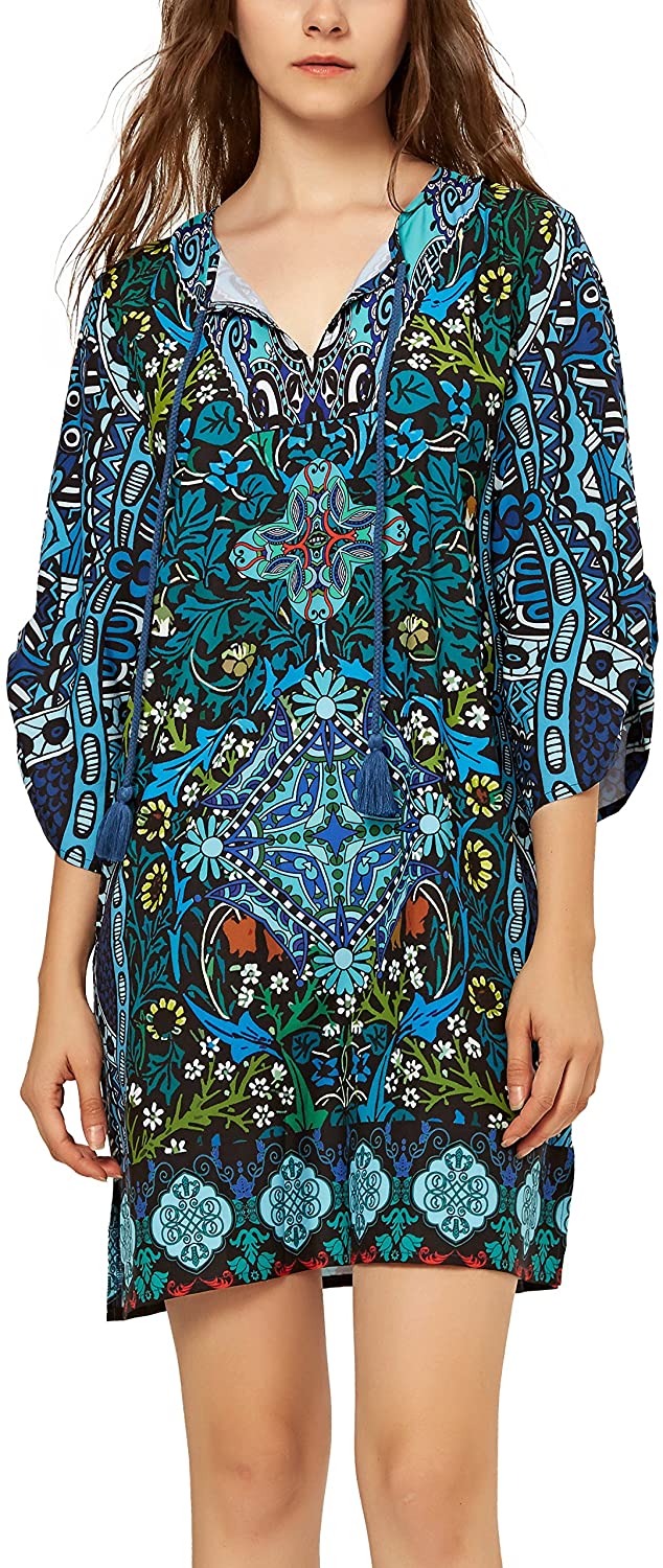 Women Bohemian Neck Tie Vintage Printed Ethnic Style Summer Shift Dress