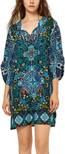 
                        
                          Load image into Gallery viewer, Women Bohemian Neck Tie Vintage Printed Ethnic Style Summer Shift Dress
                        
                      