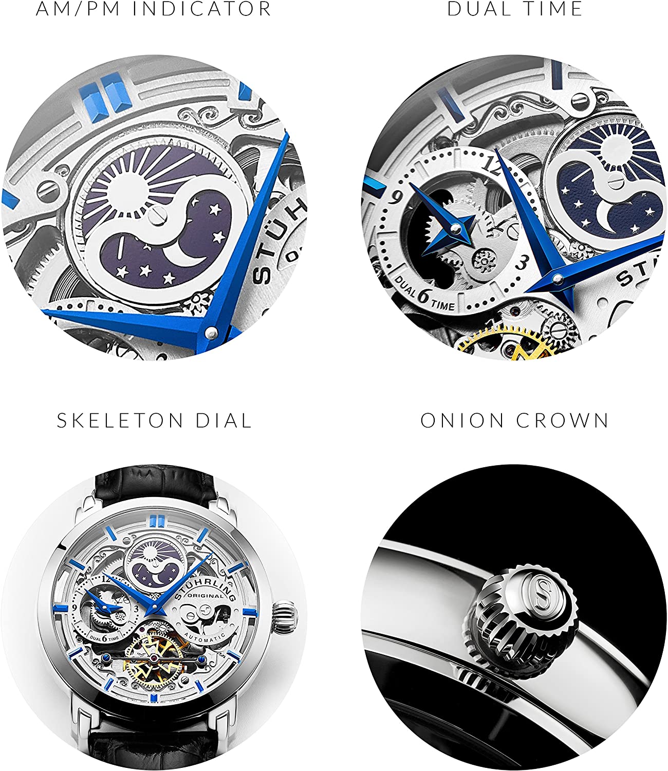 Stührling Original Mens Watch Stainless Steel Automatic, Skeleton Dial, Dual Time, AM/PM Sun Moon,Genuine Leather Strap 371 Watches for Men Series