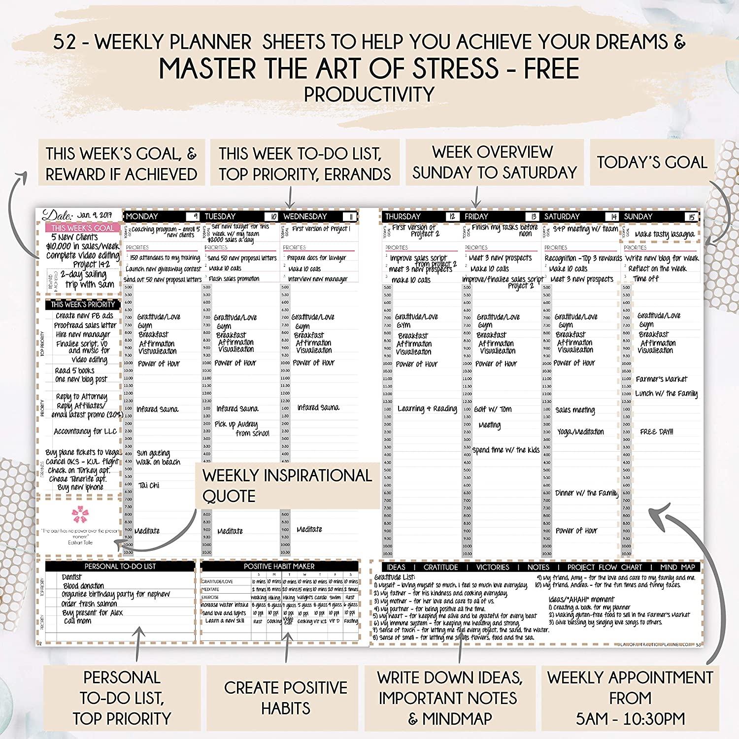 Law of Attraction Planner - Undated Deluxe Weekly, Monthly Planner