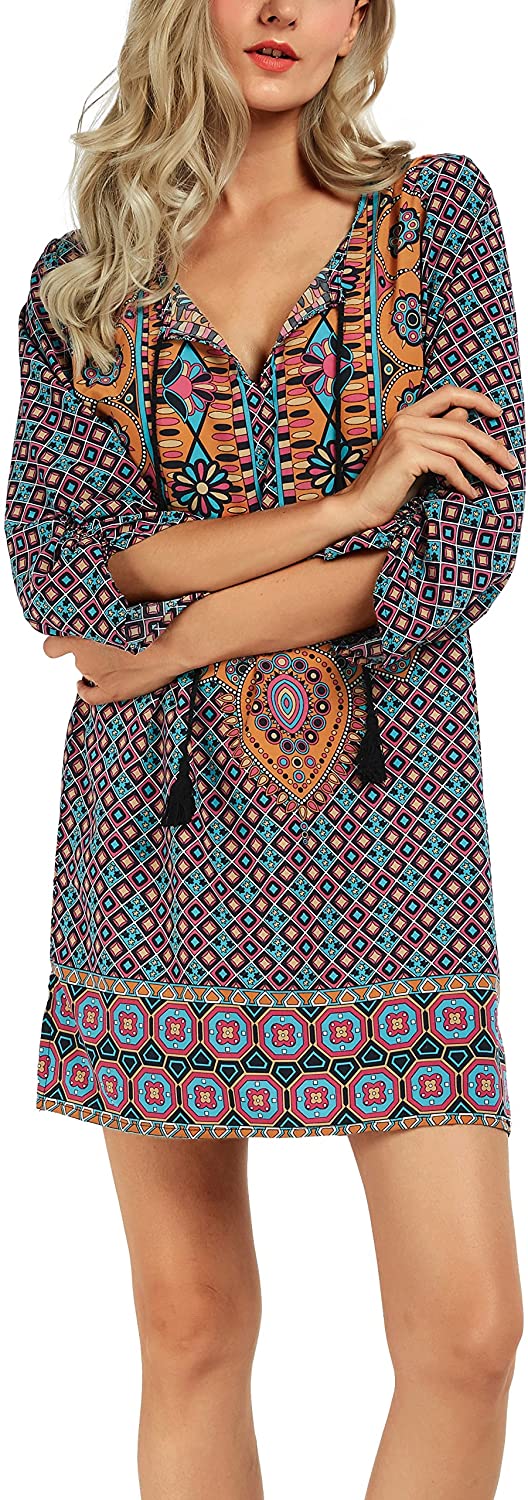 Women Bohemian Neck Tie Vintage Printed Ethnic Style Summer Shift Dress