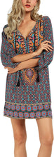 
                        
                          Load image into Gallery viewer, Women Bohemian Neck Tie Vintage Printed Ethnic Style Summer Shift Dress
                        
                      