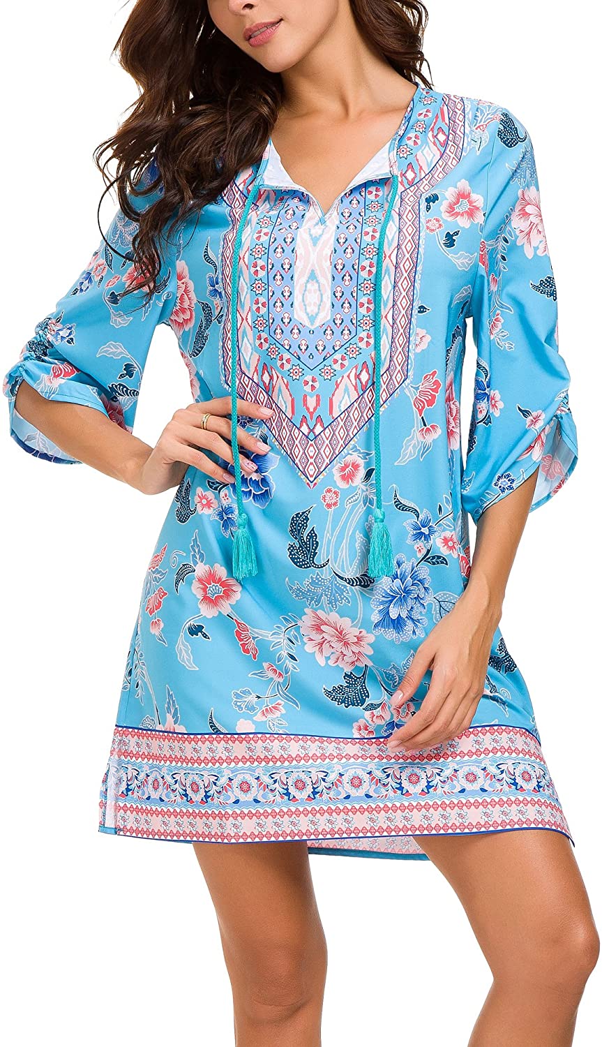Women Bohemian Neck Tie Vintage Printed Ethnic Style Summer Shift Dress