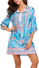 
                        
                          Load image into Gallery viewer, Women Bohemian Neck Tie Vintage Printed Ethnic Style Summer Shift Dress
                        
                      