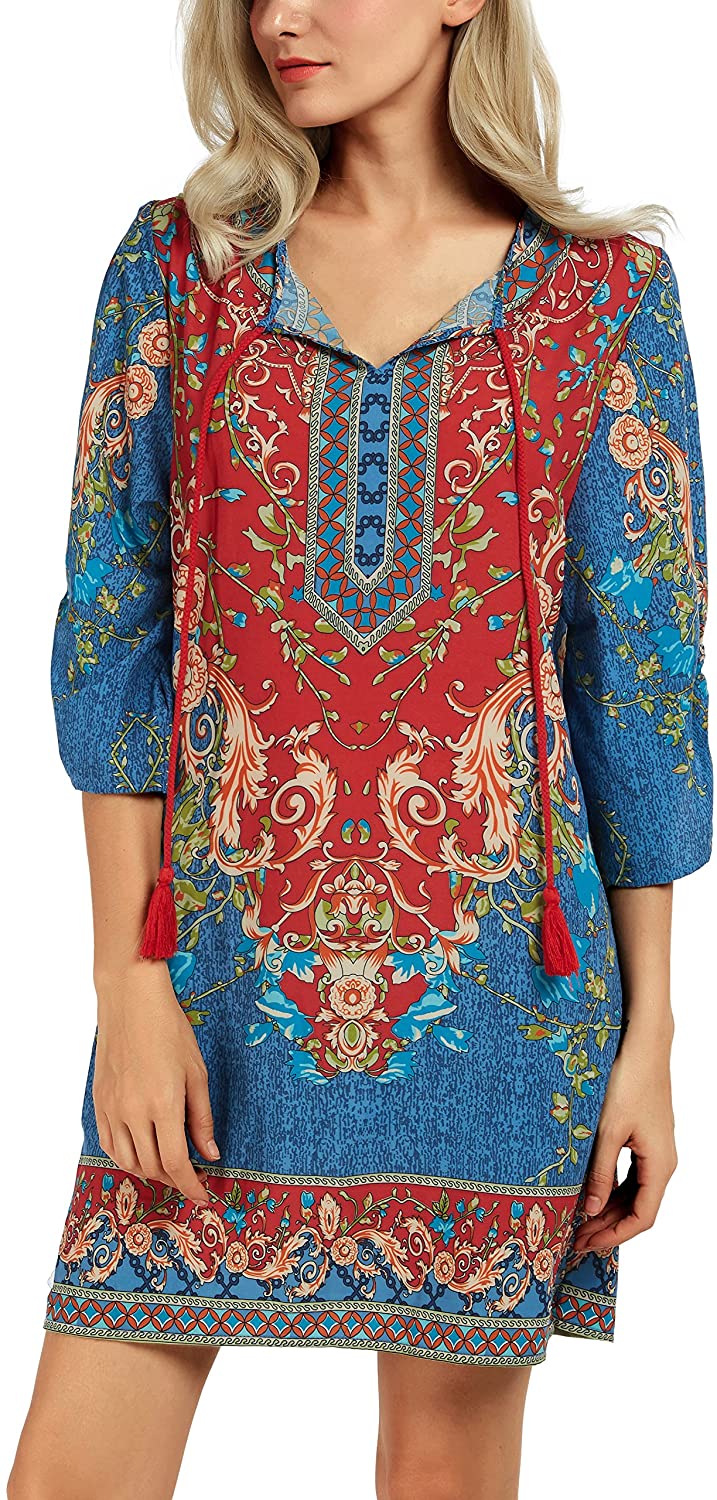 Women Bohemian Neck Tie Vintage Printed Ethnic Style Summer Shift Dress