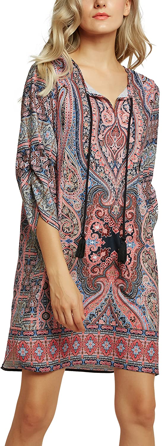 Women Bohemian Neck Tie Vintage Printed Ethnic Style Summer Shift Dress