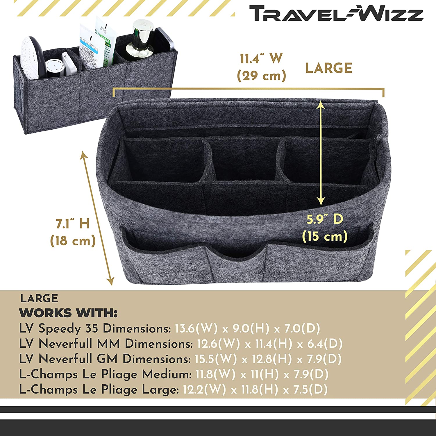 Handbag Organizer - 2in1 Purse Organizer Insert with Inner Zipped Pocket - Tote Shaper fits Speedy Neverfull - Grey Medium