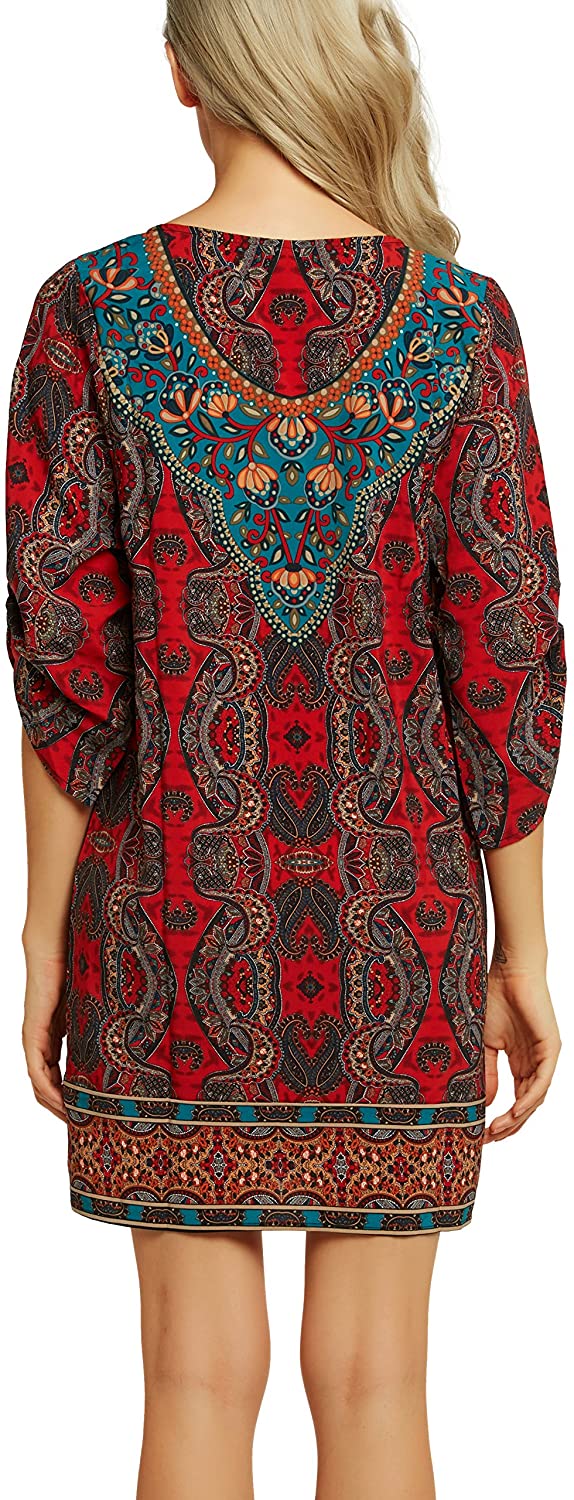 Women Bohemian Neck Tie Vintage Printed Ethnic Style Summer Shift Dress