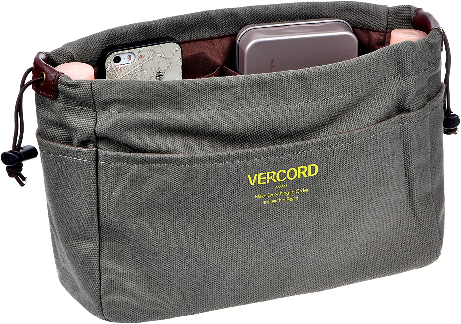 Vercord Canvas Handbag Organizers, Sturdy Purse Insert Organizer Bag in Bag, 10 Pockets Beige Small
