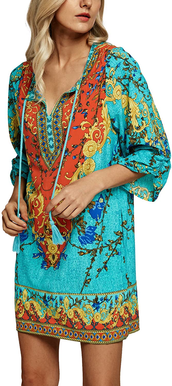 Women Bohemian Neck Tie Vintage Printed Ethnic Style Summer Shift Dress