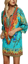 
                        
                          Load image into Gallery viewer, Women Bohemian Neck Tie Vintage Printed Ethnic Style Summer Shift Dress
                        
                      