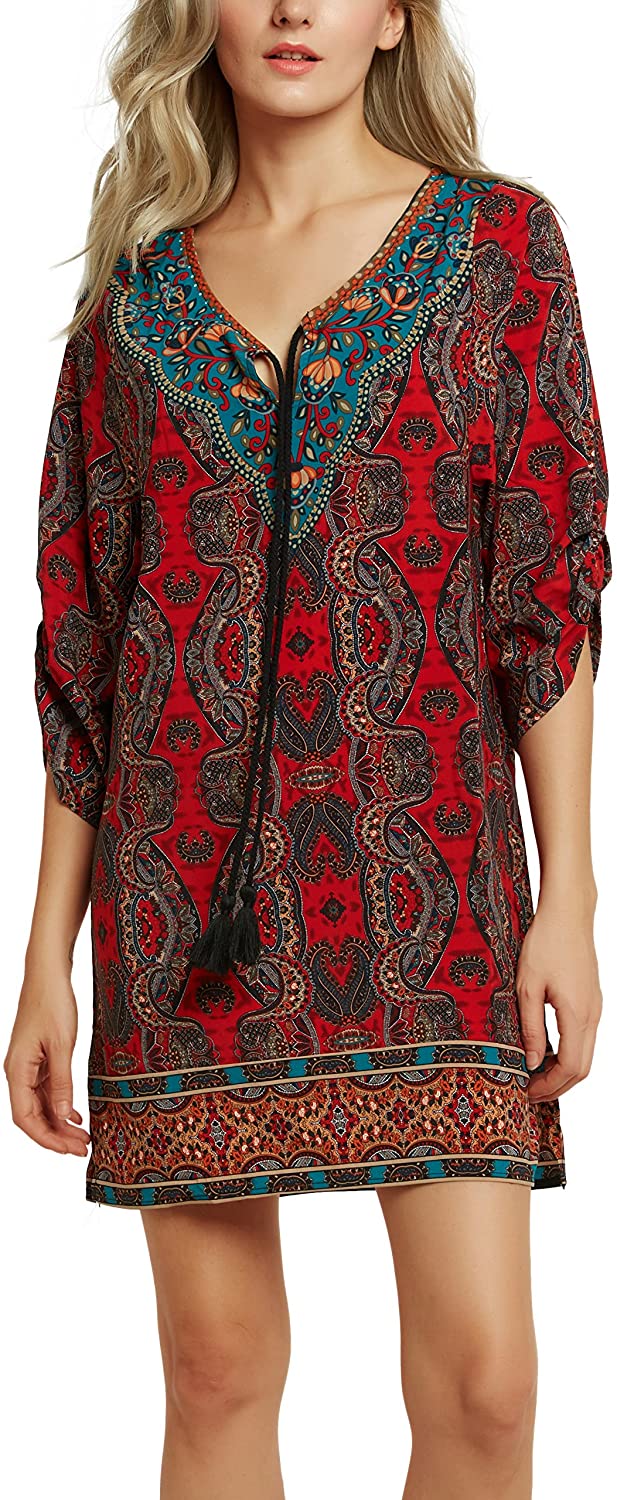 Women Bohemian Neck Tie Vintage Printed Ethnic Style Summer Shift Dress