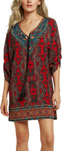 
                        
                          Load image into Gallery viewer, Women Bohemian Neck Tie Vintage Printed Ethnic Style Summer Shift Dress
                        
                      