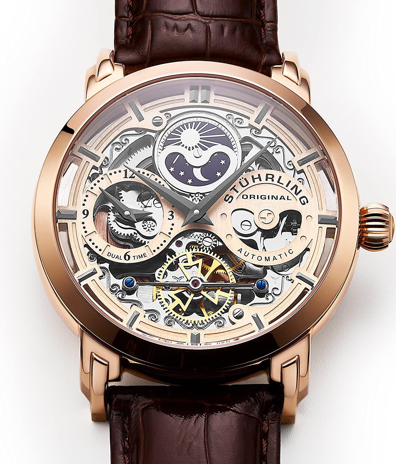 Stührling Original Mens Watch Stainless Steel Automatic, Skeleton Dial, Dual Time, AM/PM Sun Moon,Genuine Leather Strap 371 Watches for Men Series