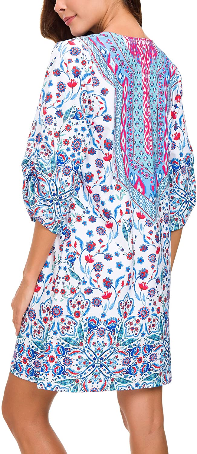 Women Bohemian Neck Tie Vintage Printed Ethnic Style Summer Shift Dress