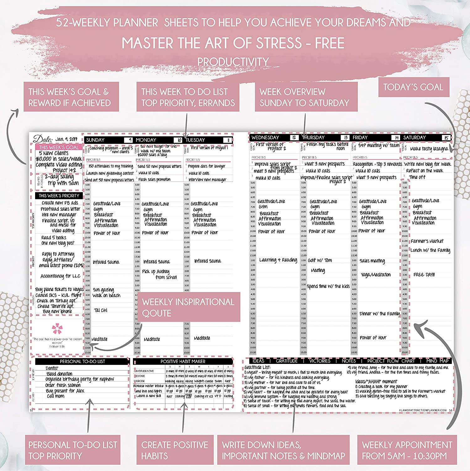 Law of Attraction Planner - Undated Deluxe Weekly, Monthly Planner