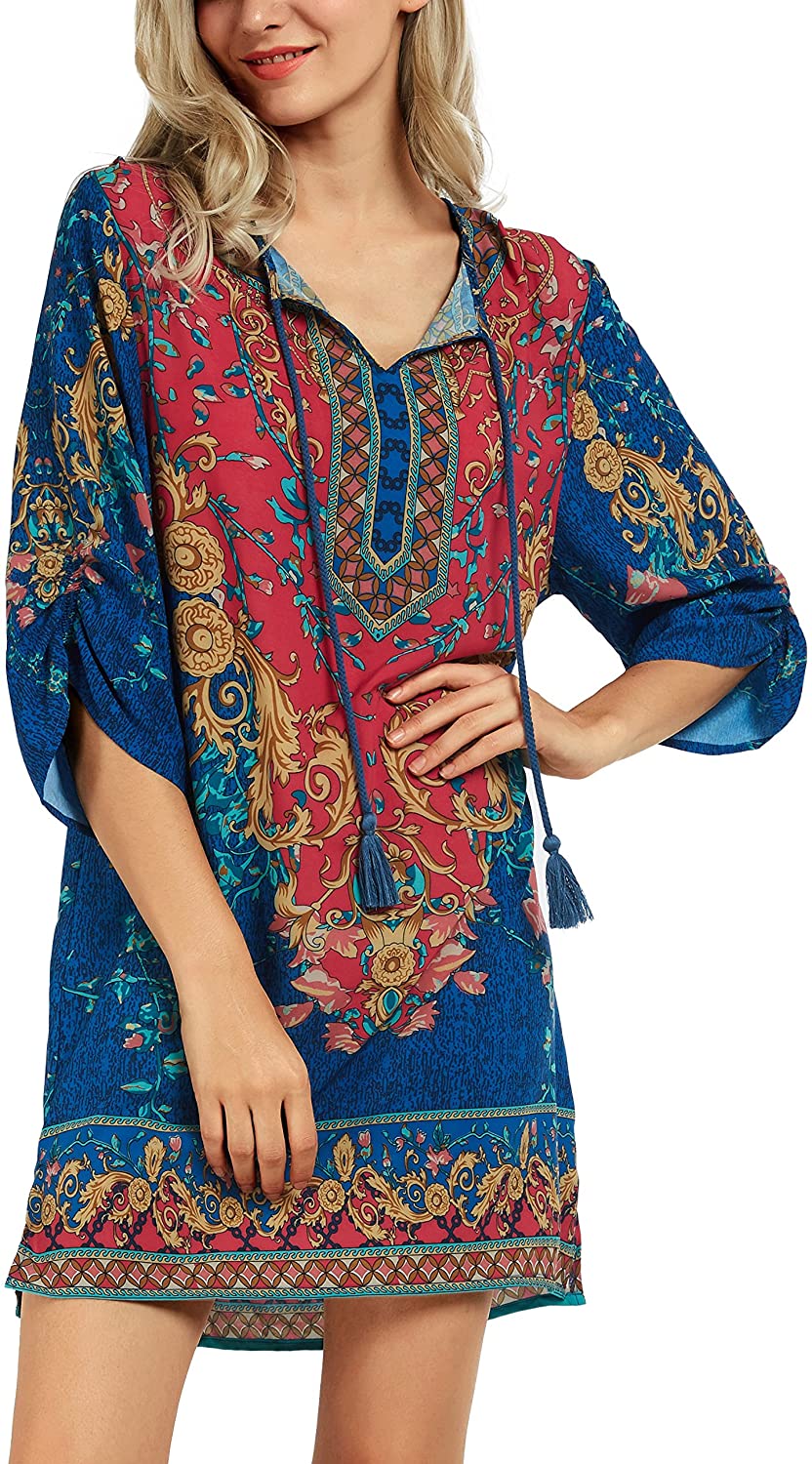 Women Bohemian Neck Tie Vintage Printed Ethnic Style Summer Shift Dress