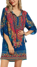 
                        
                          Load image into Gallery viewer, Women Bohemian Neck Tie Vintage Printed Ethnic Style Summer Shift Dress
                        
                      