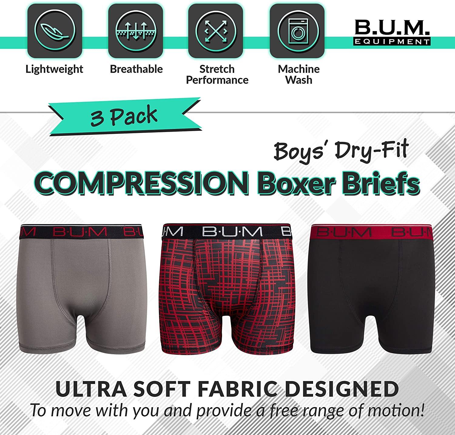 B.U.M. Equipment Boys Performance Dry-Fit Compression Boxer Briefs (3 Pack) - JOY2ESpree