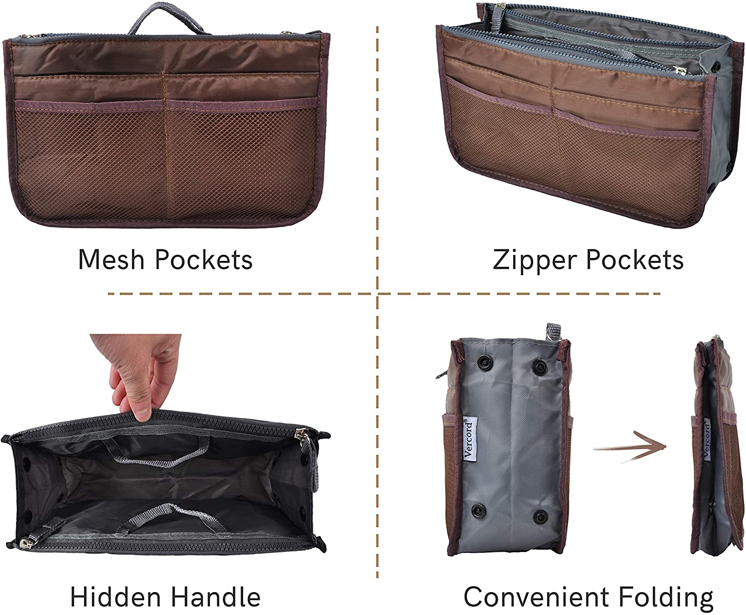 Vercord Purse Organizer Insert for Handbags Bag Organizers Inside Tote Pocketbook Women Nurse Nylon 13 Pockets Black Medium