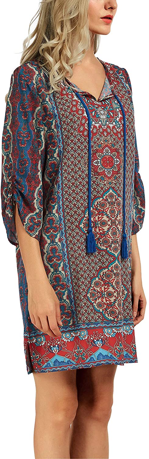 Women Bohemian Neck Tie Vintage Printed Ethnic Style Summer Shift Dress