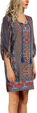 
                        
                          Load image into Gallery viewer, Women Bohemian Neck Tie Vintage Printed Ethnic Style Summer Shift Dress
                        
                      