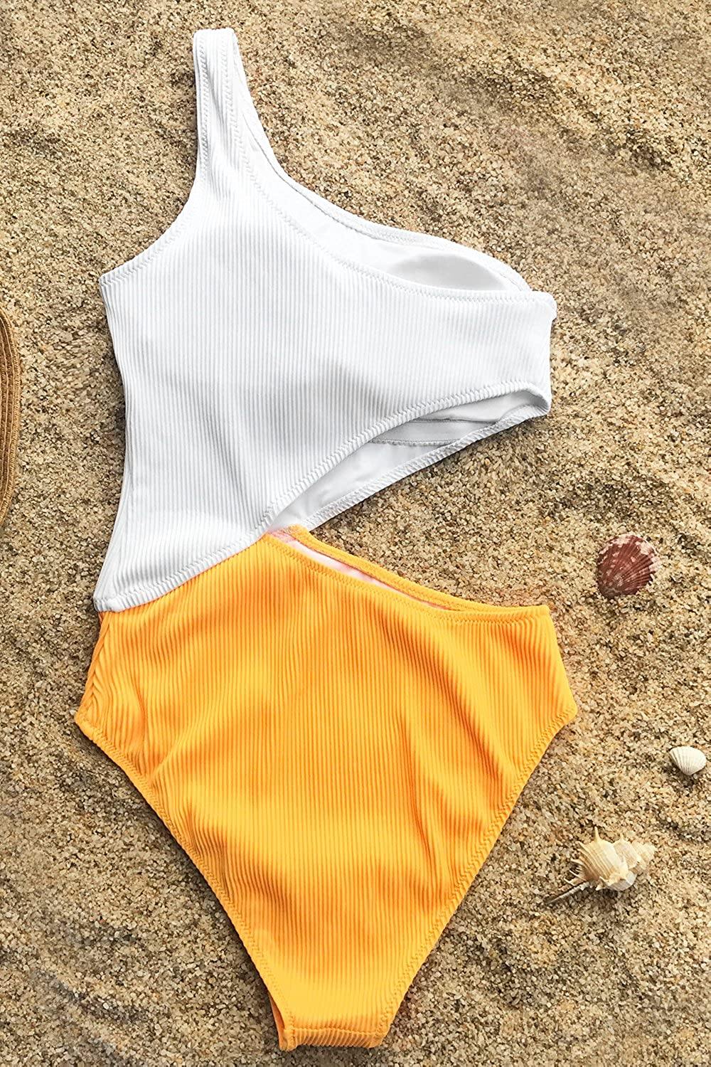 CUPSHE Women's One Piece Swimsuit One Shoulder Cut Out Ribbed Swimwear Bathing Suits - JOY2ESpree