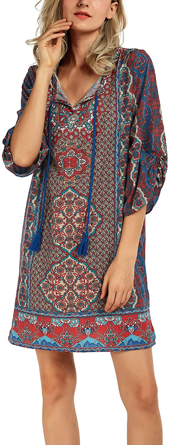 Women Bohemian Neck Tie Vintage Printed Ethnic Style Summer Shift Dress