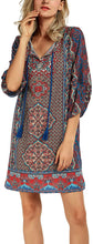 
                        
                          Load image into Gallery viewer, Women Bohemian Neck Tie Vintage Printed Ethnic Style Summer Shift Dress
                        
                      