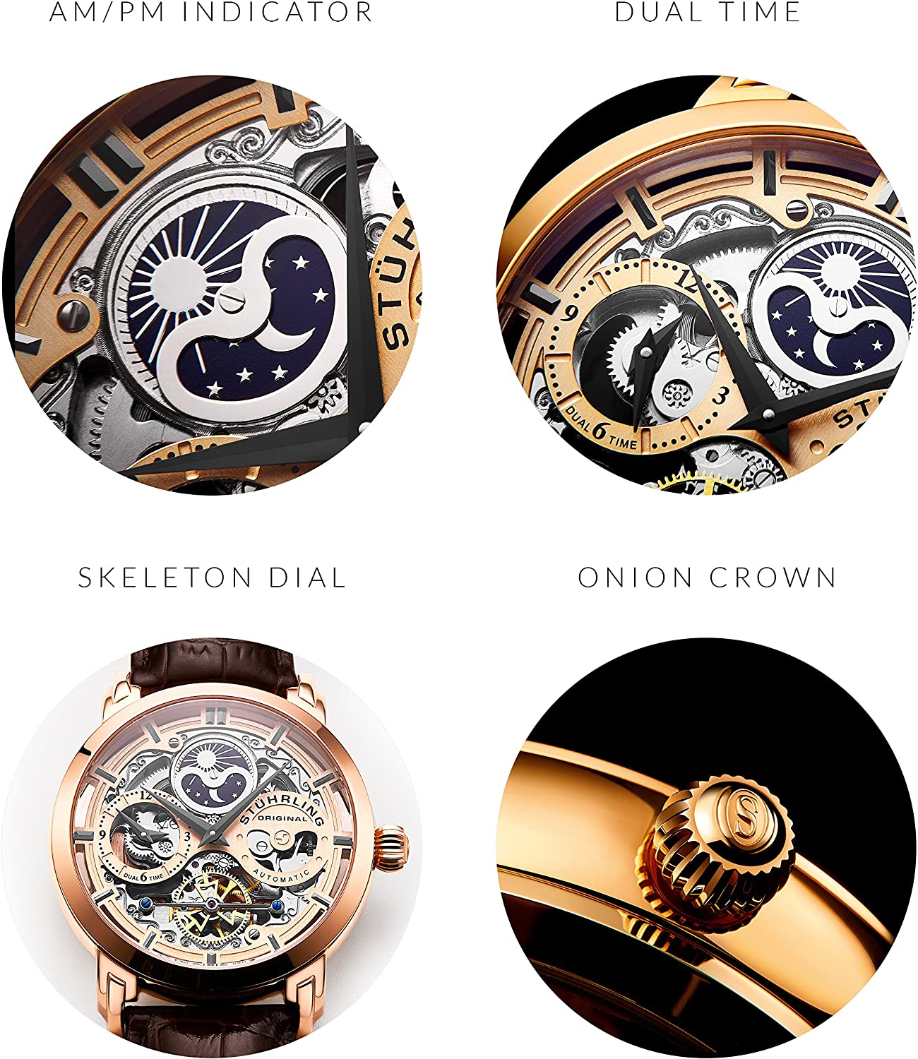 Stührling Original Mens Watch Stainless Steel Automatic, Skeleton Dial, Dual Time, AM/PM Sun Moon,Genuine Leather Strap 371 Watches for Men Series