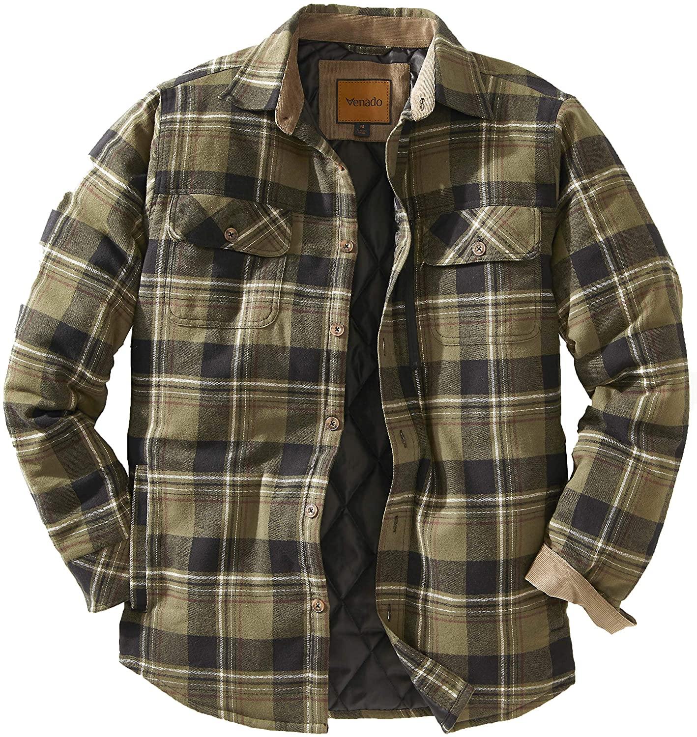 Venado Men's Plaid Shirt Jacket -Long Sleeved Quilt Lined Brushed Flannel Rugged Shirt