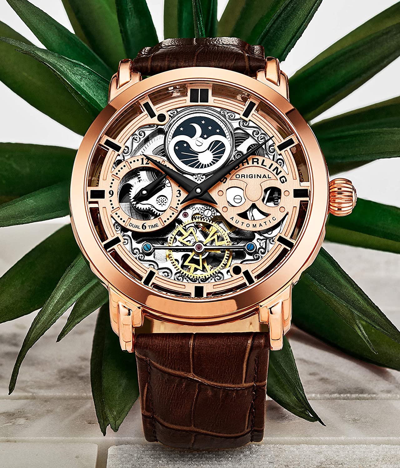 Stührling Original Mens Watch Stainless Steel Automatic, Skeleton Dial, Dual Time, AM/PM Sun Moon,Genuine Leather Strap 371 Watches for Men Series