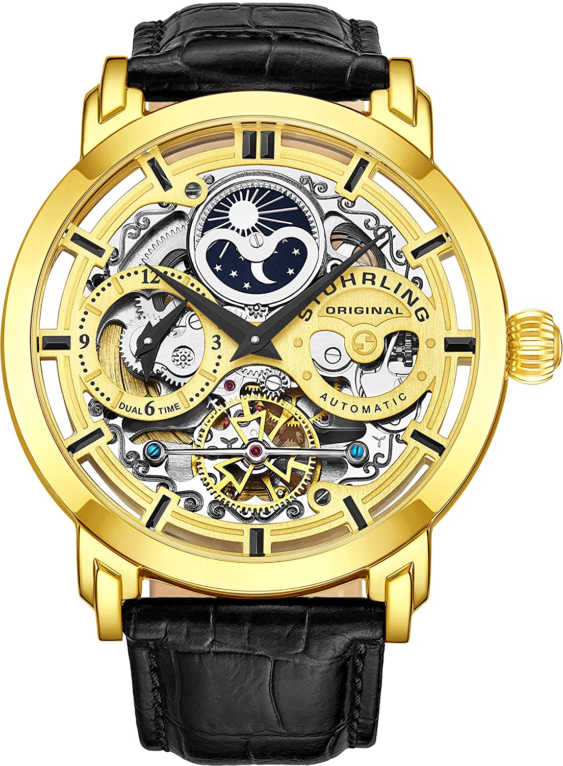 Stührling Original Mens Watch Stainless Steel Automatic, Skeleton Dial, Dual Time, AM/PM Sun Moon,Genuine Leather Strap 371 Watches for Men Series