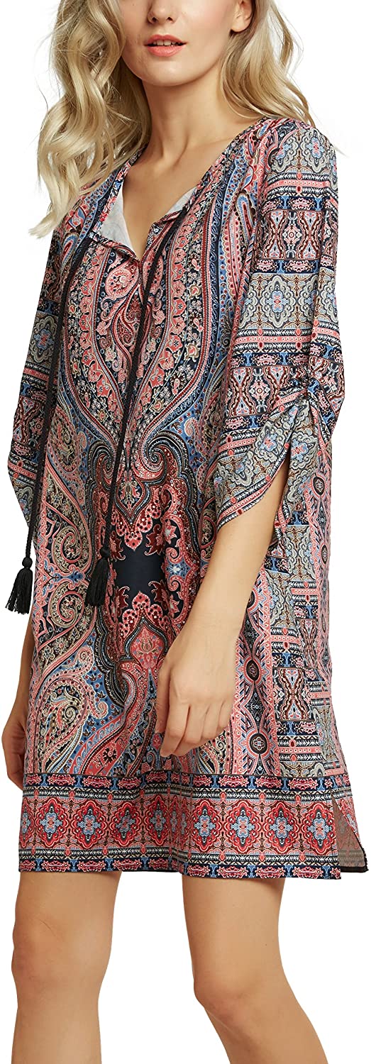 Women Bohemian Neck Tie Vintage Printed Ethnic Style Summer Shift Dress