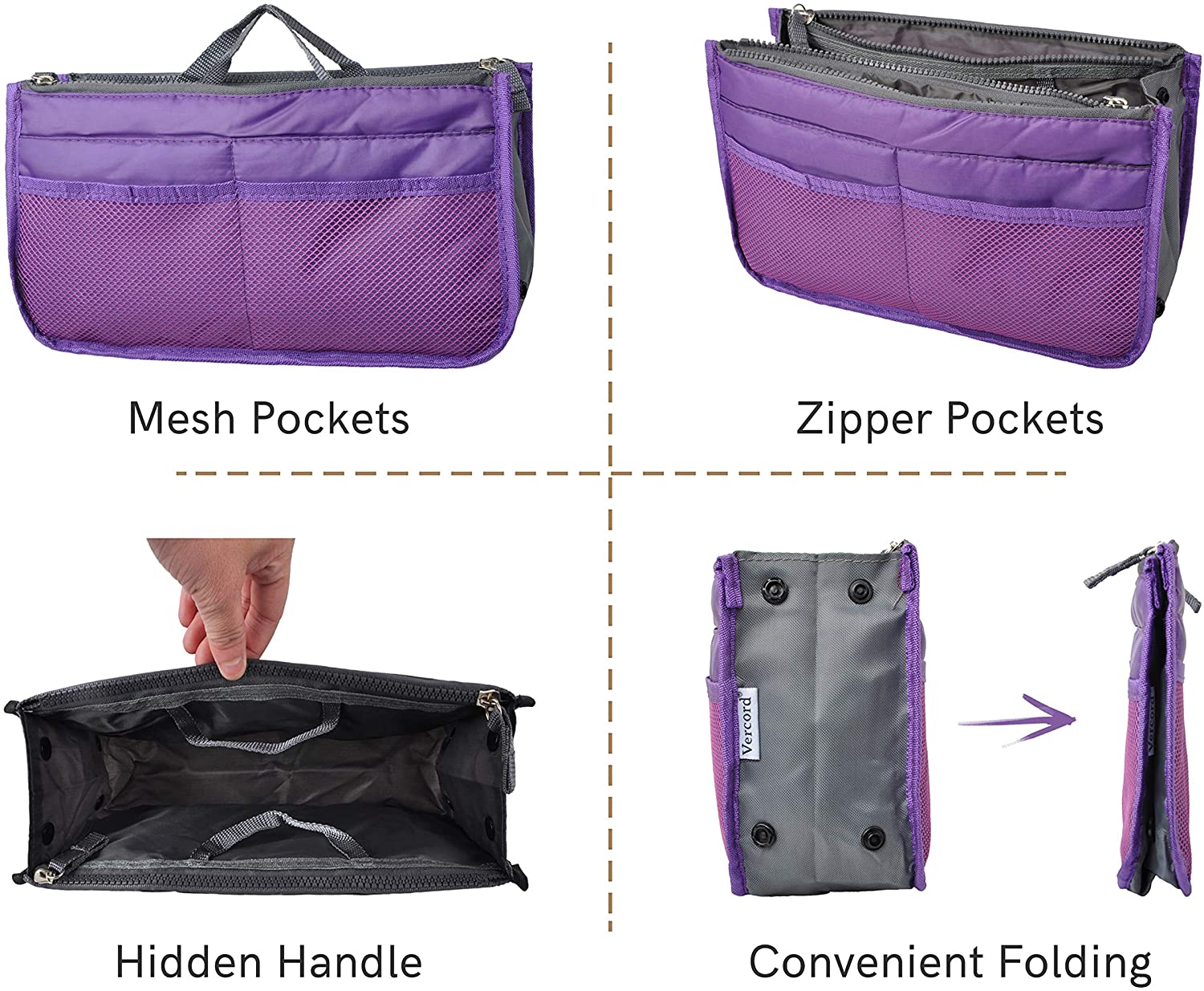 Vercord Purse Organizer Insert for Handbags Bag Organizers Inside Tote Pocketbook Women Nurse Nylon 13 Pockets Black Medium
