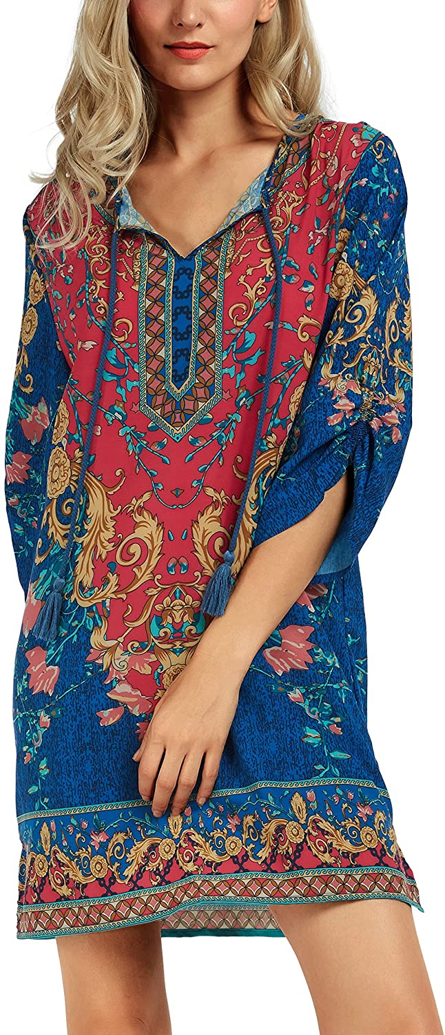Women Bohemian Neck Tie Vintage Printed Ethnic Style Summer Shift Dress