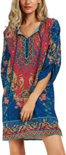 
                        
                          Load image into Gallery viewer, Women Bohemian Neck Tie Vintage Printed Ethnic Style Summer Shift Dress
                        
                      