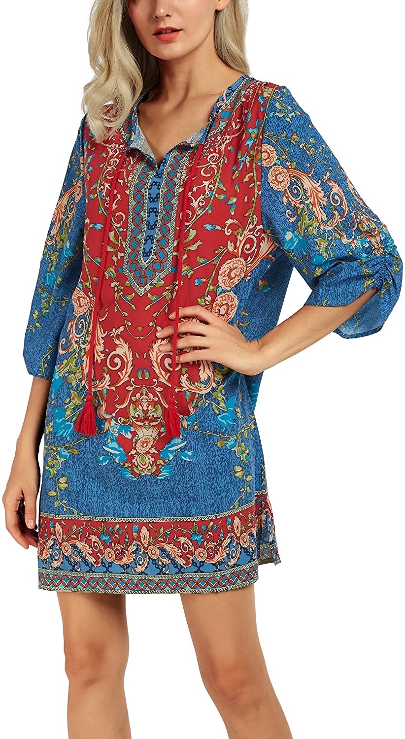 Women Bohemian Neck Tie Vintage Printed Ethnic Style Summer Shift Dress