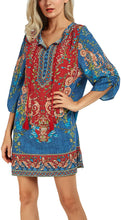 
                        
                          Load image into Gallery viewer, Women Bohemian Neck Tie Vintage Printed Ethnic Style Summer Shift Dress
                        
                      